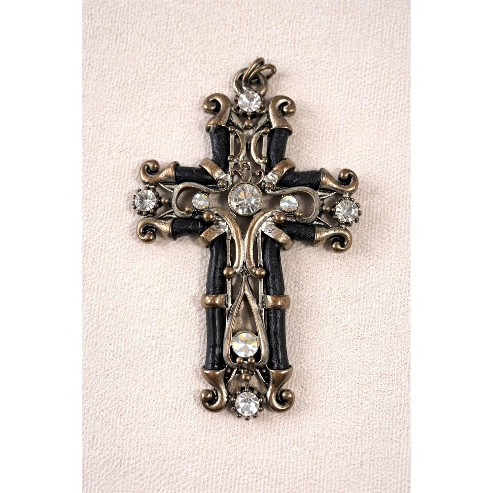 Antique Silver Tone Gothic Cross Pendant with Rhinestone Accents